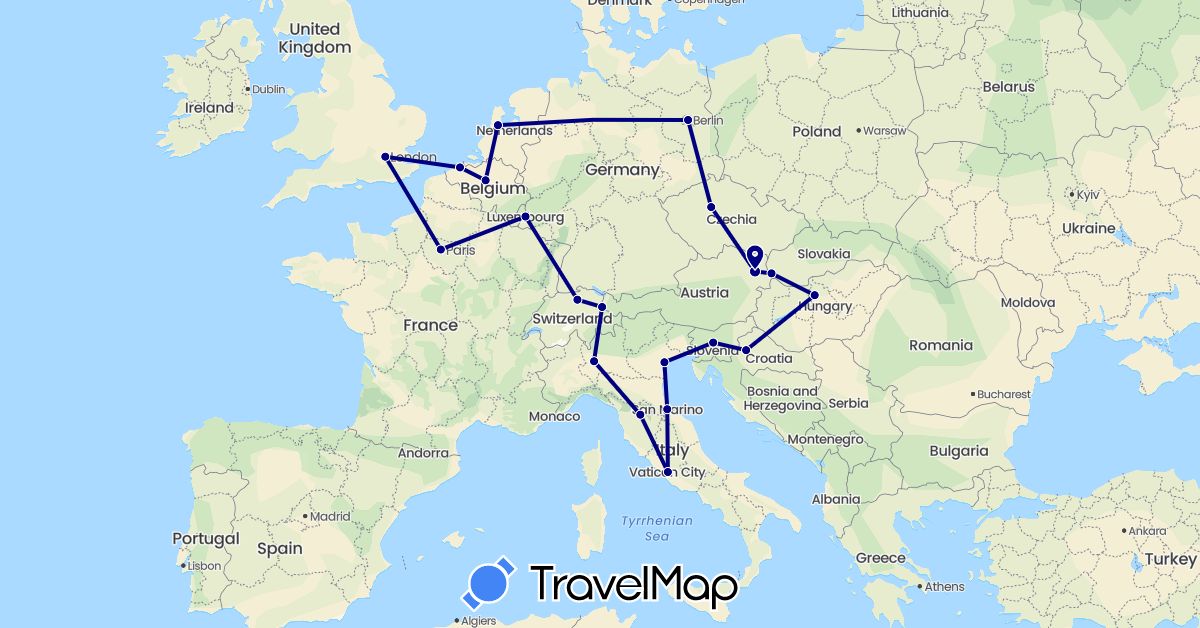 TravelMap itinerary: driving in Austria, Belgium, Switzerland, Czech Republic, Germany, France, United Kingdom, Croatia, Hungary, Italy, Liechtenstein, Luxembourg, Netherlands, Slovenia, Slovakia, San Marino (Europe)